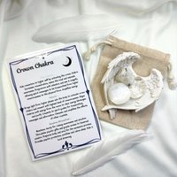 Crown chakra crystal set with rainbow moonstone, selenite, clear quartz and information card.