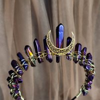 Mystique crystal crown with purple titanium quartz and moon in bronze, silver or gold.