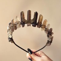 Druid crown with smokey quartz wire wrapped onto a headband with a bronze moon.