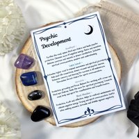 Psychic ability and development crystal set with amethyst, lapis lazuli, hematite, black obsidian and information card.