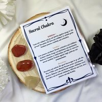 Sacral chakra crystal set with goldstone, carnelian, moonstone and information card.