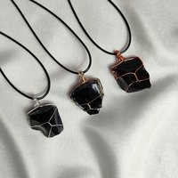 Chunky black obsidian wire wrapped pendant in silver, gold or copper.