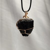 Chunky Obsidian Wire Wrapped Pendant in Silver, Gold or Copper