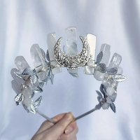 Arwen Crown featuring quartz wire wrapped onto a headband with filigree moon and silver leaf ribbon.