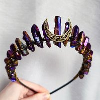 Mystique crystal crown with purple titanium quartz and moon in bronze, silver or gold.