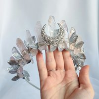 Venus Crown featuring rose quartz wire wrapped onto a headband with leaves in gold or silver.
