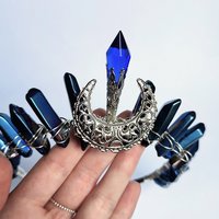 Selene crown with blue titanium quartz, glass crystal and filigree moon.