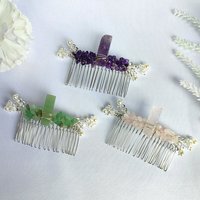 Silver combs with branches and crystal chips including rose quartz, amethyst and green aventurine.