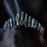 Galaxia Crown with blue titanium quartz and bronze filigree moon.