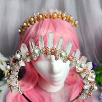 Ophelia Crown with aura quartz, flowers and pearls in silver or gold.