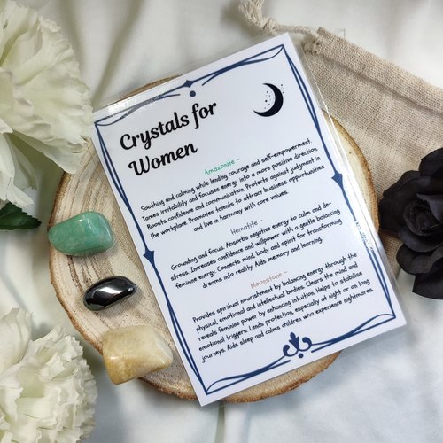 Crystal set for female empowerment with amazonite, hematite, moonstone and information card.