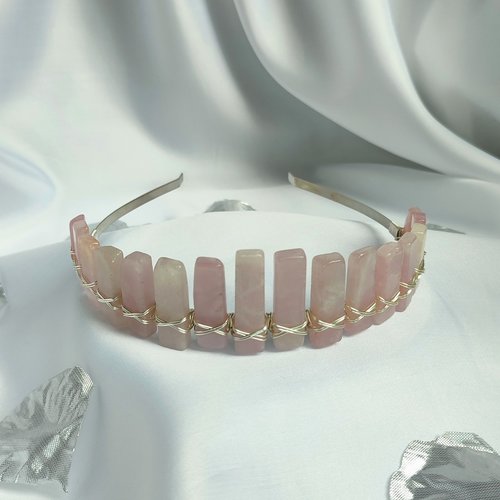 Rose quartz headband with silver plated wire.