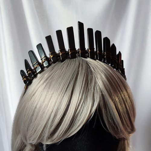 Anubis crown with black agate wire wrapped onto a headband.