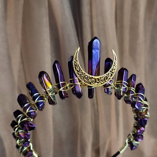 Mystique crystal crown with purple titanium quartz and moon in bronze, silver or gold.