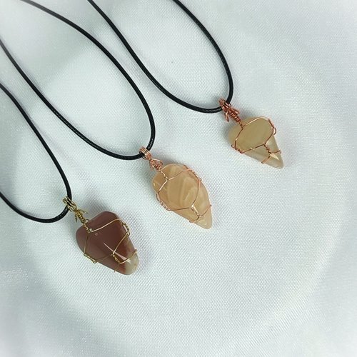 Moonstone wire wrapped pendant in gold, rose gold or copper with cord.