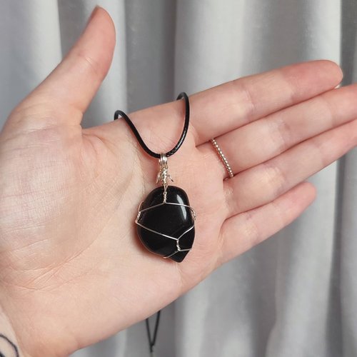 Obsidian Wire Wrapped Pendant in Silver