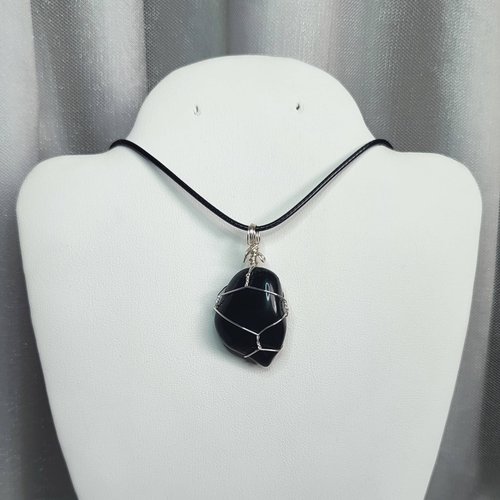 Obsidian Wire Wrapped Pendant in Silver