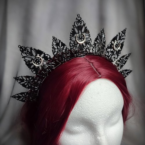 Luna Halo Crown with black filigree teardrops and silver moons.