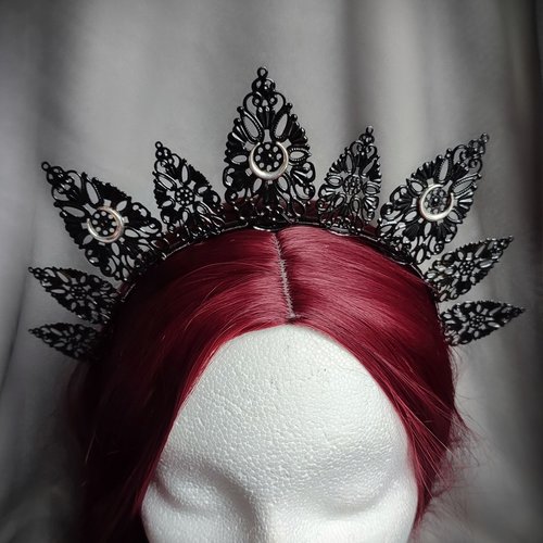 Luna Halo Crown with black filigree teardrops and silver moons.