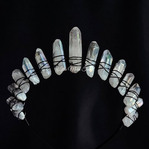 Angel dust crown with angel aura quartz and black headband.