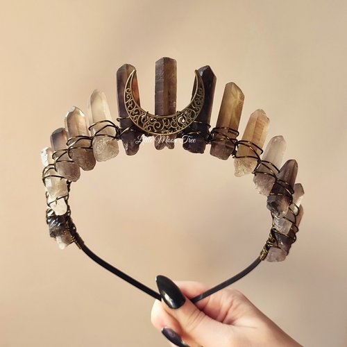 Druid crown with smokey quartz wire wrapped onto a headband with a bronze moon.