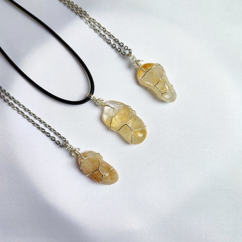 Citrine wire wrapped pendant with chain or cord.