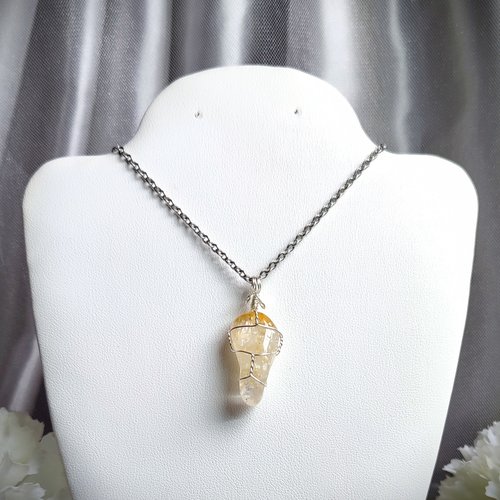 Citrine wire wrapped pendant with chain or cord.