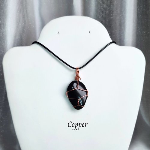 Obsidian wire wrapped pendant in gold, rose gold or copper.