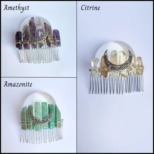Crystal combs with silver moon in various gemstones.