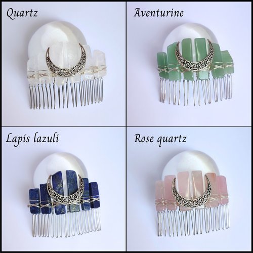 Crystal combs with silver moon in various gemstones.