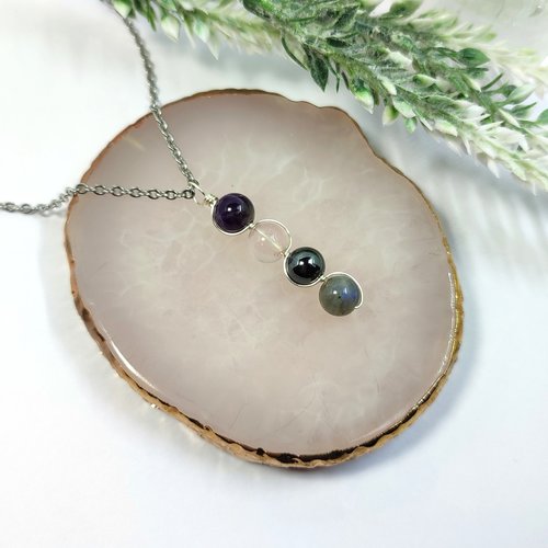 Empath Protection necklace with amethyst, rose quartz, hematite and labradorite beads.