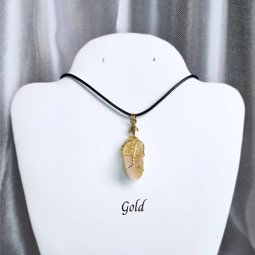 Citrine wire wrapped pendant in gold, rose gold or copper with cord.