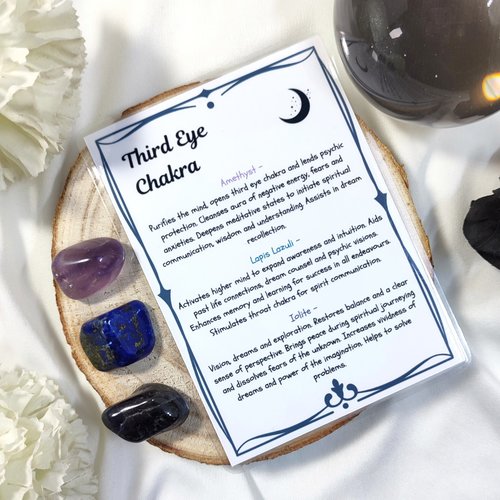 Crystals for the third eye chakra with amethyst, lapis lazuli, iolite and information card.