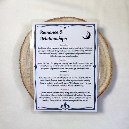 Crystal set for romance and relationships with carnelian, rose quartz, moonstone, garnet and information card.