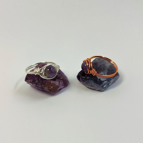 Amethyst Wire Wrapped Ring in Silver or Copper