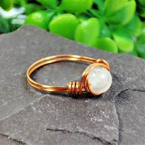 Selenite Wire Wrapped Ring in Silver or Copper