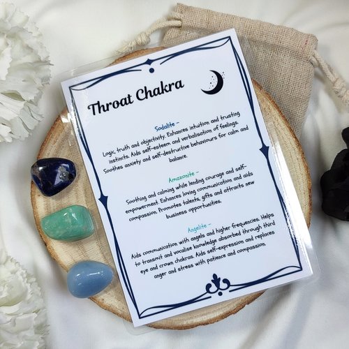 Crystal set for throat chakra with sodalite, amazonite, angelite and information card.