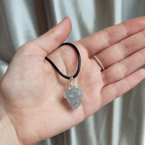 Raw Celestite Wire Wrapped Pendant in Silver
