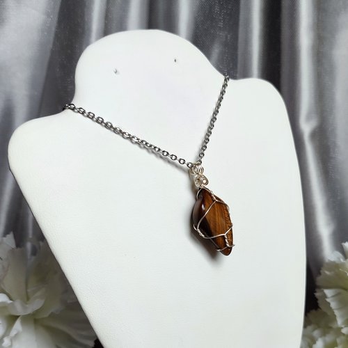 Tiger's Eye Wire Wrapped Pendant in Silver