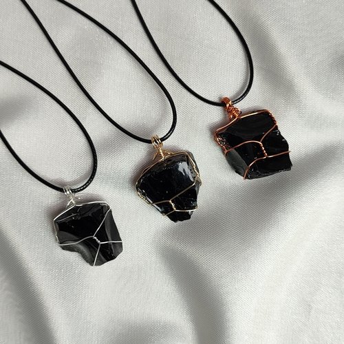 Chunky black obsidian wire wrapped pendant in silver, gold or copper.