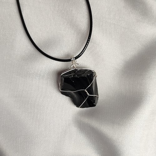 Chunky Obsidian Wire Wrapped Pendant in Silver, Gold or Copper