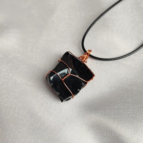 Chunky Obsidian Wire Wrapped Pendant in Silver, Gold or Copper
