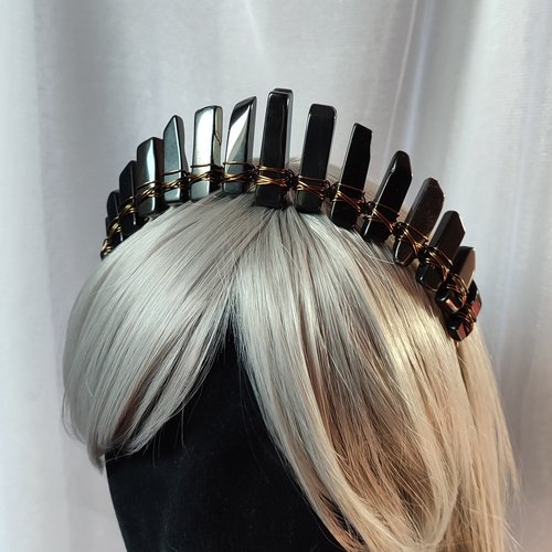 Anubis crown with black agate wire wrapped onto a headband.
