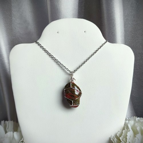 Unakite wire wrapped pendant in silver with chain or cord.