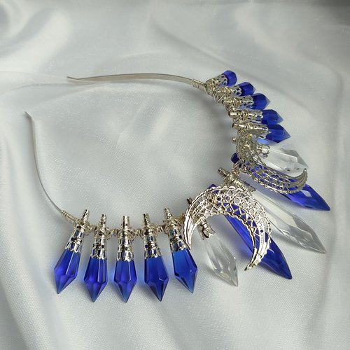 Astrid crown with clear and blue K9 glass crystals and silver moons