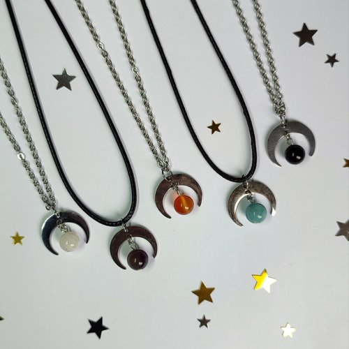 Silver moon pendant with gemstone beads.