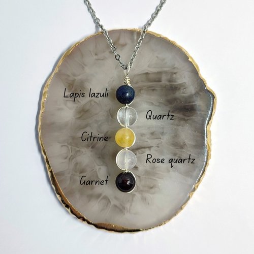 Libra pendant with lapis lazuli,  quartz, citrine, rose quartz and garnet.
