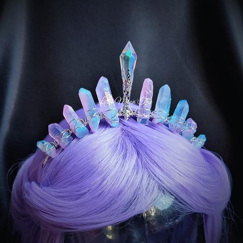 Unicorn Queen crown with blue and pink titanium quartz and glass crystal.