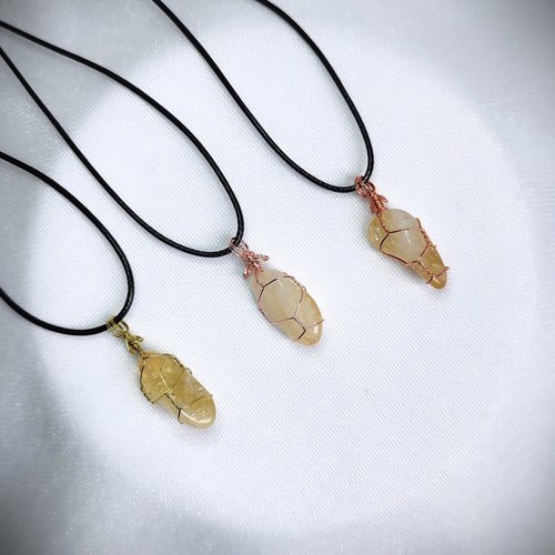 Citrine wire wrapped pendant in gold, rose gold or copper with cord.