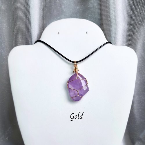 Amethyst wire wrapped pendant in gold, rose gold or copper.